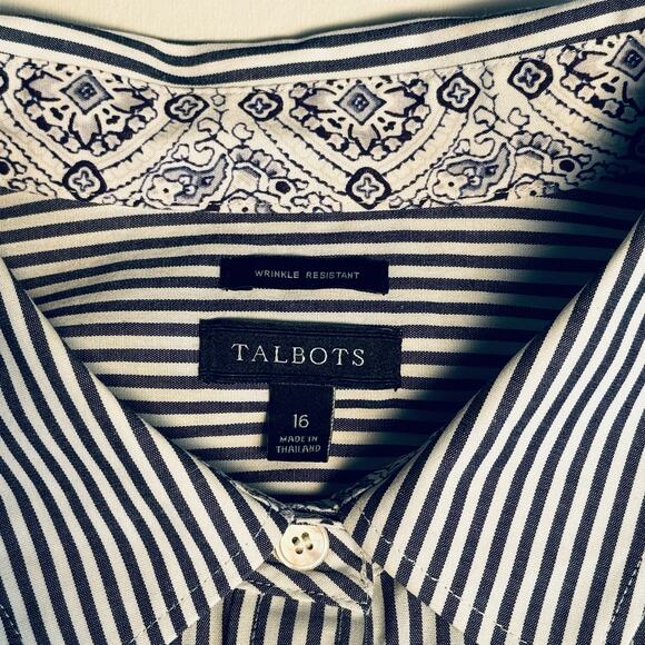 Talbots Button Up Shirt Women Sz 16 Long Sleeve Cotton Spandex Gray White Stripe - Picture 8 of 8